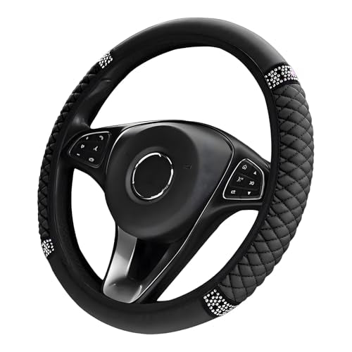 Bling Soft Leather Steering Wheel Cover, 14.5-15 Inch Sparkly Rhinestones Non-Slip Car Steering Wheel Protector, Elastic Auto Steering Wheel Cover Interior for Women Girls (Black)