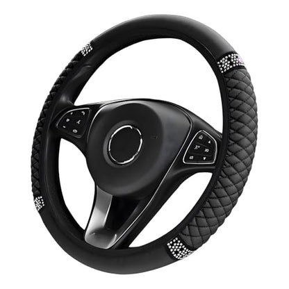 Bling Soft Leather Steering Wheel Cover, 14.5-15 Inch Sparkly Rhinestones Non-Slip Car Steering Wheel Protector, Elastic Auto Steering Wheel Cover Interior for Women Girls (Black)