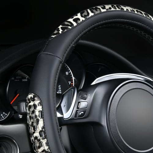Flying Banner car Steering Wheel Cover Gel Massage Velvet Cool Warm Universal Size 15 inches SUV Truck Anti Slip Odorless Summer Winter (Black Gray Leopard Print, Gel Massage) - color: Black Gray Leopard Print