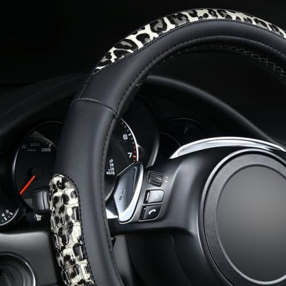 Flying Banner car Steering Wheel Cover Gel Massage Velvet Cool Warm Universal Size 15 inches SUV Truck Anti Slip Odorless Summer Winter (Black Gray Leopard Print, Gel Massage) - color: Black Gray Leopard Print