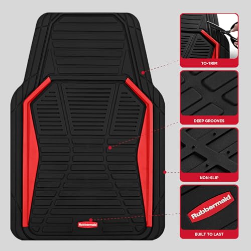 Rubbermaid Car Mat Full Set All-Weather Heavy-Duty 4 Pieces– Trim-to-Fit Universal Car Mats Full Set – Waterproof Rubber Floor Liners for Most Trucks, SUVs, Vans, and Sedans-Red - color: Red