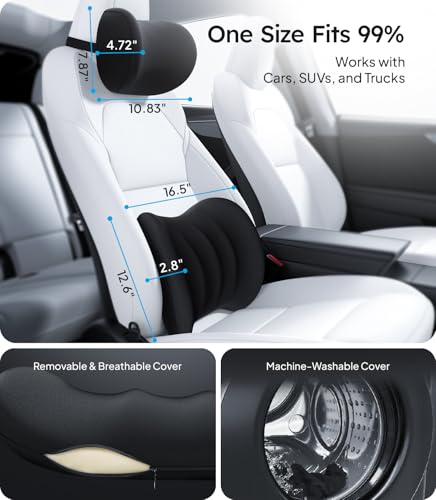 Wigoo 2026 Car Neck Pillow and Lumbar Support Pillow for Car Set [Ergonomic Design, Pressure Relief] Soft Car Headrest Pillow Back Cushion with Adjustable Strap, Fits All Vehicles (Black)