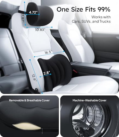 Wigoo 2026 Car Neck Pillow and Lumbar Support Pillow for Car Set [Ergonomic Design, Pressure Relief] Soft Car Headrest Pillow Back Cushion with Adjustable Strap, Fits All Vehicles (Black)
