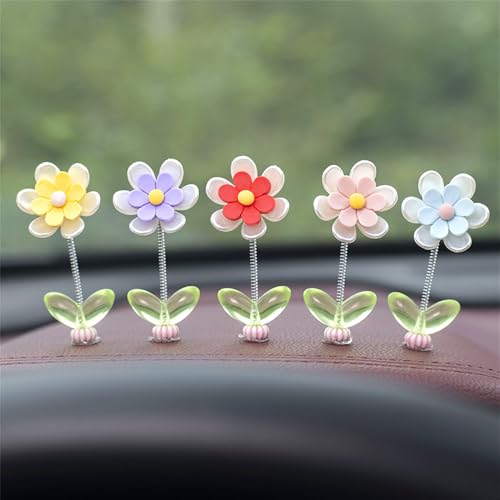 5 Pcs Daisy Cute Car Decor for Women,Mini Resin Flower Rear View Mirror Accessories with Spring Funny Decorations for Car Interior Computer Desk Dashboard Ornament (Six-Petal Flower, one Size) - style: Six-petal flower