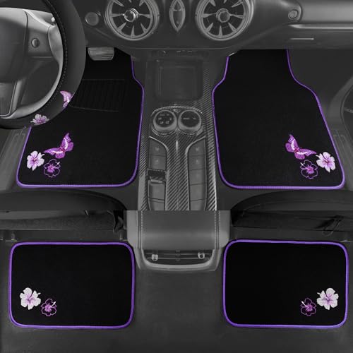 CAR PASS Butterfly Steering Wheel Cover and Waterproof Car Floor Mats,Purple Car Mats 14.5-15inch Steering Wheel Covers Universal Fit for Suvs,Sedans Cars,for Women Girl(Black and Purple) - color: Black and Purple Butterfly