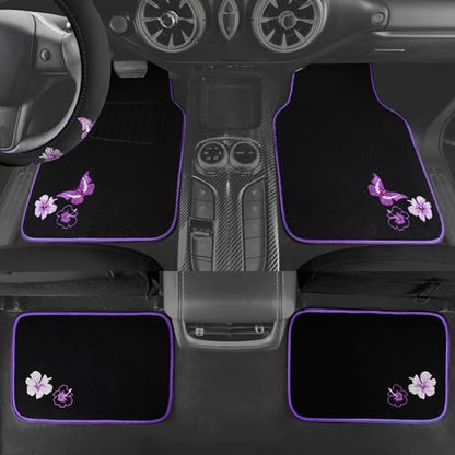 CAR PASS Butterfly Steering Wheel Cover and Waterproof Car Floor Mats,Purple Car Mats 14.5-15inch Steering Wheel Covers Universal Fit for Suvs,Sedans Cars,for Women Girl(Black and Purple) - color: Black and Purple Butterfly
