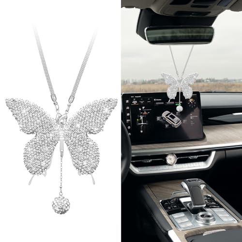 Bling Butterfly Diamond Car Accessories, Car Mirror Hanging Accessories, Crystal Rhinestone Vehicle Rear View Mirror Charms, Lucky Diamond Auto Hanging Ornament Pendant for All Cars (White) - color: White