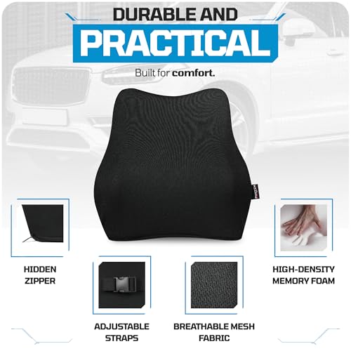 FORTEM Lumbar Support Car Cushion, Memory Foam Back Pillow, Back Rest for Comfort Driving, Adjustable Straps, Washable Cover - size: M (Back)