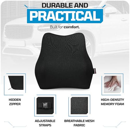FORTEM Lumbar Support Car Cushion, Memory Foam Back Pillow, Back Rest for Comfort Driving, Adjustable Straps, Washable Cover - size: M (Back)