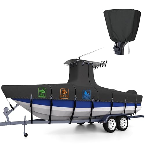 100% Waterproof T-Top Boat Cover Ultra-Thick 1200D Heavy-Duty Tear-Resistant Polyester with Motor Cover & 17 Reinforced Straps, for 20"-22" Center Console Boat with T Top Roof - color: Black, size: 20'-22' Long (Beam Width Up to 106")