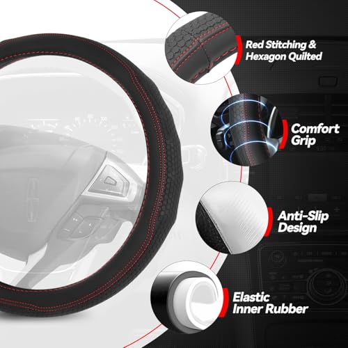 Auto Dynasty Steering Wheel Cover, Breathable Microfiber Leather Car Steering Wheel Protector with Stitching Hexagon Quilted, Anti-Slip, [14 1/2 to 15 Inches] Universal Fit Cars Trucks SUVs - color: Hexagon Stitched Red B