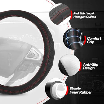 Auto Dynasty Steering Wheel Cover, Breathable Microfiber Leather Car Steering Wheel Protector with Stitching Hexagon Quilted, Anti-Slip, [14 1/2 to 15 Inches] Universal Fit Cars Trucks SUVs - color: Hexagon Stitched Red B