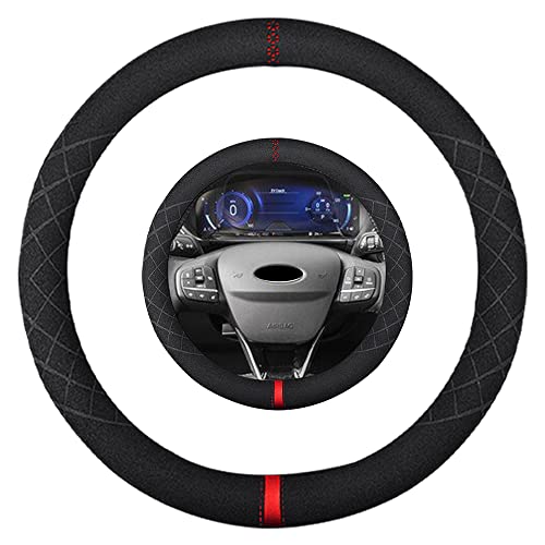Suede Steering Wheel Cover,Compatible with Ford Edge Escape Fusion Explorer Focus Expedition Mustang SuedeSport Non-Slip Wheel Cover Car Interior Accessories 15 inch for Man and Women - color: Fit Ford O Shape Suede Red Mark in Black, size: 15 inch