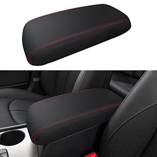 Car Center Console Armrest Cover for Kia Optima 2016 2017 2018 2019 2020 Leather Anti-Scratch Central Arm Rest Box Lid Seat Cover Protector Cushion Saver Interior Accessories(Red Stitches) - color: Black leather + Red stitches