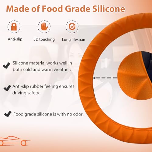Silicone Steering Wheel Covers Orange 12.6-15 inch Non-Slip Car Steering Wheel Cover for Women Men Well Grip Universal Fit for Most Cars, SUV, Pick-up Trucks