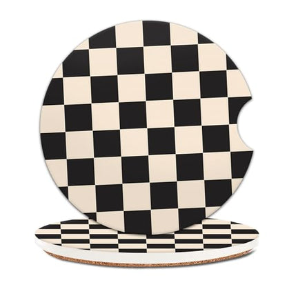 2 Pack Universal Ceramic Car Coasters，Ceramic Stone with A Finger Notch for Easy Removal of Car Cup Holder Coaster(Black Beige Plaid) - color: Black Beige Plaid
