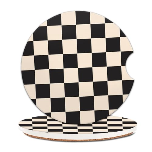 2 Pack Universal Ceramic Car Coasters，Ceramic Stone with A Finger Notch for Easy Removal of Car Cup Holder Coaster(Black Beige Plaid) - color: Black Beige Plaid
