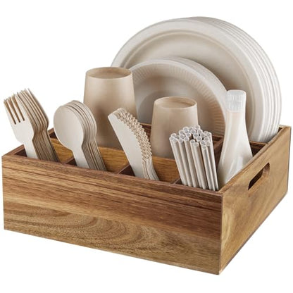 ALELION Acacia Wood Utensil Holder for Party - Paper Plate Organizer for Countertop - Silverware Caddy with 6 Compartments for Plate, Cup, Fork, Spoon - Cutlery Holder for Kitchen Camping Buffet - style: Acacia Wood