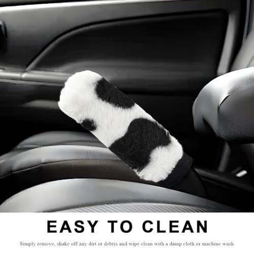 Cow Print Car Accessories Set, Fluffy Cow Print Plush Steering Wheel Cover, Gear Shift Cover, Warm Fuzzy Console Armrest Pad & Handbrake Cover, Car Decoration Accessories (Handbrake Cover) - color: Handbrake Cover