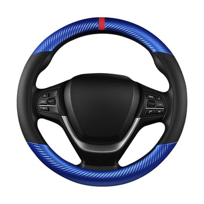 Black & Blue Carbon Fiber Leather Steering Wheel Cover, Microfiber Leather, Anti-Slip, Breathable, Universal Fit for 14.5–15 in Steering Wheel Cover for Men Women - color: Splicing Carbon Fiber - Black and Blue