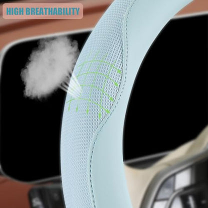Nappa Leather Blue Steering Wheel Cover, Advanced Microfiber Leather Non-Slip Breathable Fabric, Warm in Winter and Cool in Summer, Universal 15 inch - color: Blue, size: Round-M[14.5''-15'']