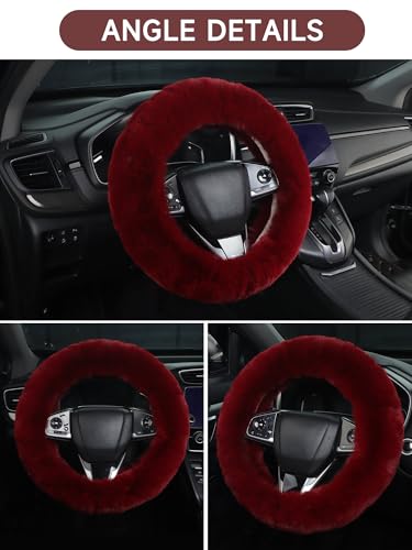 Cute Fluffy Steering Wheel Cover - 14-15 inch Fuzzy Warm Soft Plush Wool Fur Car Accessory for Women, Men, Girls (Burgundy) - color: Burgundy