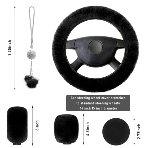 6 PCS Fluffy Steering Wheel Covers Set, 15 Inch Soft Steering Wheel Cover, Handbrake Cover & Gear Shift Cover & Cup Holder Coaster & Car Mirror Accessory, Car Accessories (Black) - color: Black