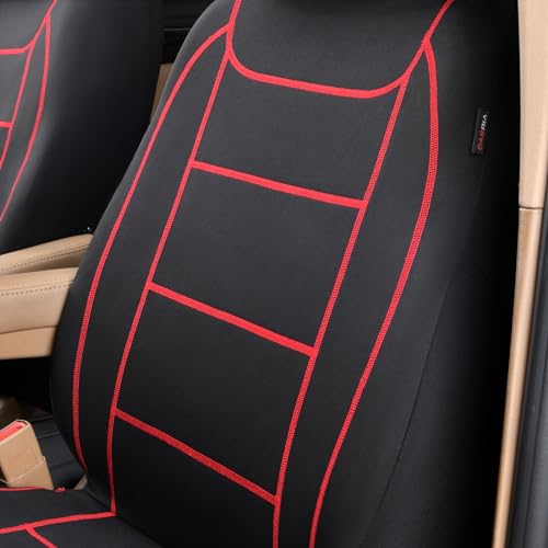 Flying Banner car seat Covers Quality Carbon Fiber Air Mesh Fabric Sport Low High Back Bucket Back Pocket Arm Rest (2 Fronts - Low Bucket - Neoprene, Red Thread)