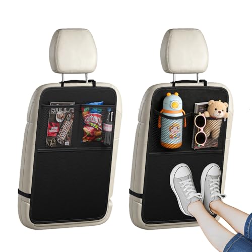 Car Back Seat Protector, 2-Pack Black Waterproof Kick Mats with Custom Storage Pockets, Universal Fit 600D Oxford Fabric Backseat Covers, X-Large Size with Zipper Storage Bag