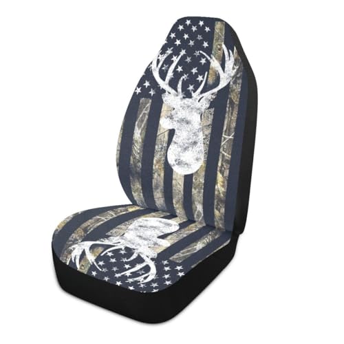 Camo Deer Car Seat Covers Set of 2,USA Camo Buck Deer Hunting American Flag Universal Auto Front Seat Protector Vehicle Seat Cushion Cover for Men Vintage Car Accessories Fit for Car Truck - color: Black Beige
