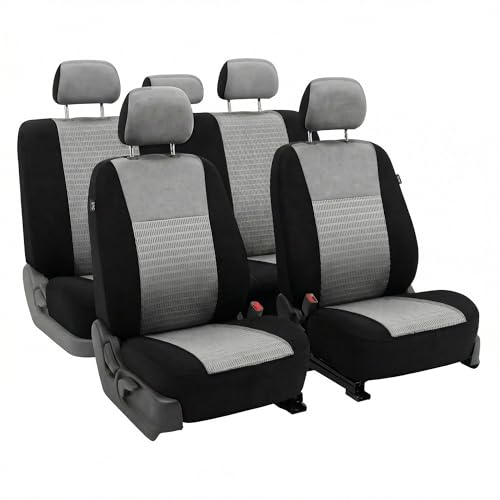 FH Group Universal Car Seat Covers Full Set for SUV Truck Sedan Vans | 3D Textured Breathable Fabric Seat Cover Set with Airbag Compatible Split Bench Protector Interior Upgrade - Gray/Black