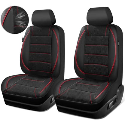 CAR PASS Air Mesh Leather Car Seat Covers Front Seats, Breathable Two Front Seat Covers for Cars, Comfortable Universal Fit for SUV Truck Sedan Automotive, Anti-Slip Airbag Compatible,Black and Red