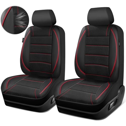 CAR PASS Air Mesh Leather Car Seat Covers Front Seats, Breathable Two Front Seat Covers for Cars, Comfortable Universal Fit for SUV Truck Sedan Automotive, Anti-Slip Airbag Compatible,Black and Red - color: Black Red Mesh