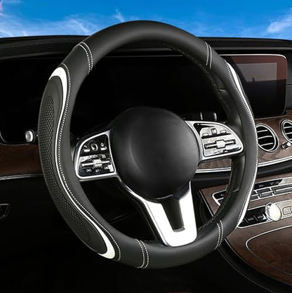 Leather Splicing Black White Car Steering Wheel Cover,14.5-15 Inch Universal Microfiber Leather Covers Breathable Anti-Slip Odorless Steering Wheels Accessories for Men Women - color: Leather Splicing - Black and White