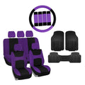FH Group Light & Breezy Cloth Full Set Car Seat Covers (Purple/Black) Combo Set: Steering Wheel Cover, Seat Belt Pads and Black Vinyl Floor Mats – Universal Fit for Cars Trucks & SUVs
