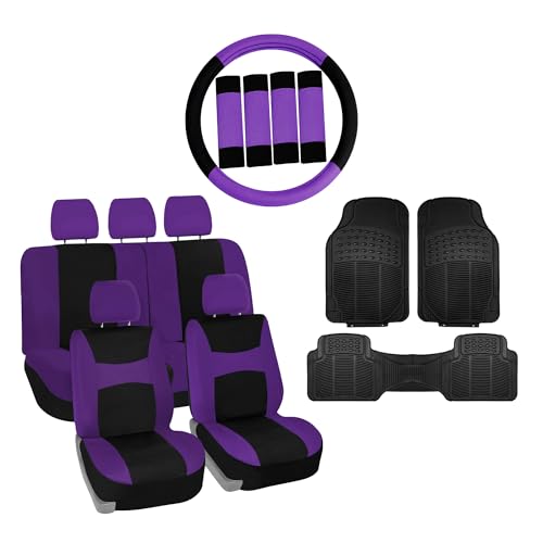 FH Group Light & Breezy Cloth Full Set Car Seat Covers (Purple/Black) Combo Set: Steering Wheel Cover, Seat Belt Pads and Black Vinyl Floor Mats – Universal Fit for Cars Trucks & SUVs