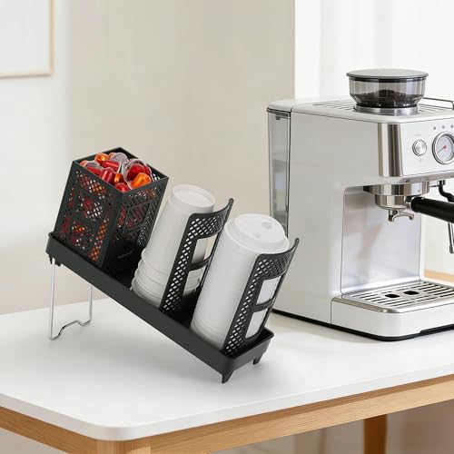 Coffee Cup Dispenser with Straws Holder, Plastic Coffee Cup and Lid Holder, 5-20oz Disposable Paper Cups Organizer for Countertop, Station, Bar, Office, Restaurant, Breakroom(3 Compartments)