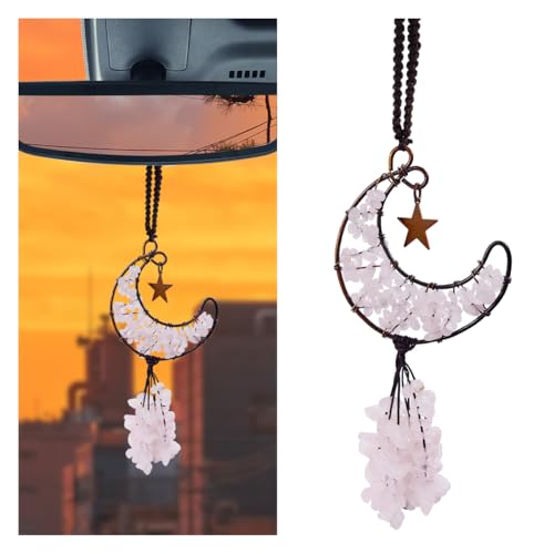 Rose Quartz Crystal Car Rear View Mirror Charm, Handmade Auto Mirror Hanging Accessories, Healing Crystal Moon Car Ornament, Lucky Auto Interior Decoration Pendant for Women Men (Pink) - color: Pink