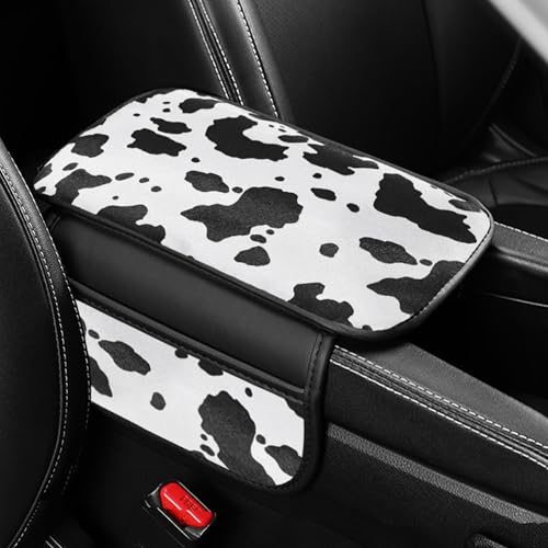 Cow Print Car Center Console Cover PVC Leather Armrest Cushion with 2 Storage Bags Universal Auto Armrest Seat Box Pad Car Interior Accessories Protector for Women Men (White Black)