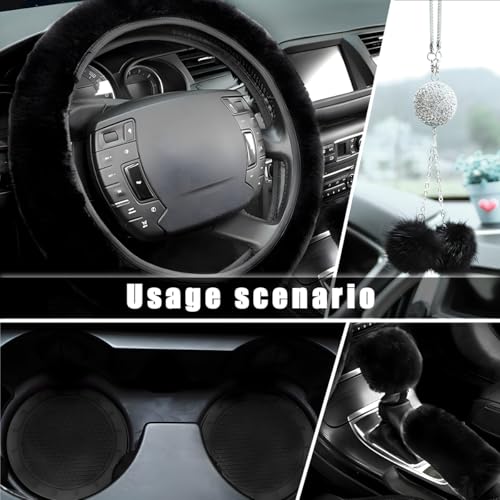 6 PCS Fluffy Steering Wheel Covers Set, 15 Inch Soft Steering Wheel Cover, Handbrake Cover & Gear Shift Cover & Cup Holder Coaster & Car Mirror Accessory, Car Accessories (Black) - color: Black