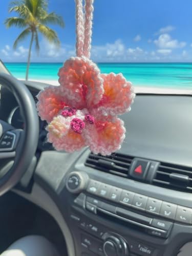 Hibiscus Flower Car Hanging Ornament,Crochet Hawaiian Tropical Flowers Bag Charms Decor Car Rear View Mirror Beach Accessories (Pink) - color: Pink