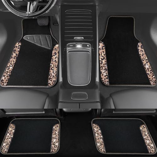 CAR PASS Bling Diamond Car Floor Mats, Shining Rhinestone Carpet Sparkly Glitter Crystal with Anti-Slip PVC Heel Pad Waterproof Universal Fit Automotive SUV,Sedan,Van,Cute Girl Women,4pcs Gold Leopard - color: Gold Leopard