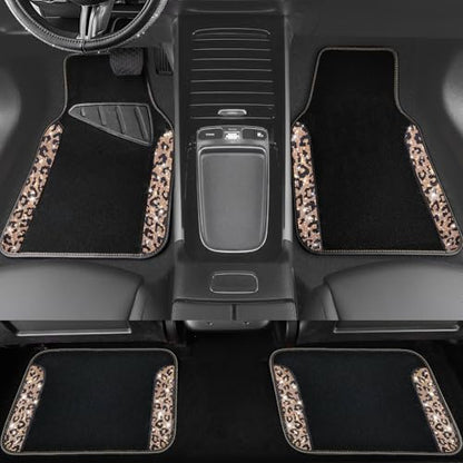 CAR PASS Bling Diamond Car Floor Mats, Shining Rhinestone Carpet Sparkly Glitter Crystal with Anti-Slip PVC Heel Pad Waterproof Universal Fit Automotive SUV,Sedan,Van,Cute Girl Women,4pcs Gold Leopard - color: Gold Leopard
