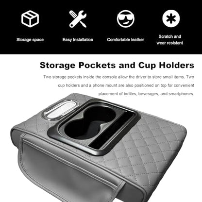 Car Center Console Armrest Pillow, Multifunctional Armrest Box Cover with Cup Phone Tissue Holder & Side Pockets, Waterproof Leather Middle Console Cushion for Most Vehicles (Gray, Embroidered) - color: Gray, size: Embroidered