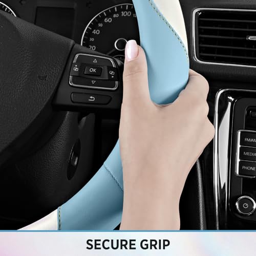 Road Comforts Steering Wheel Cover – Breathable Leather Steering Wheel Cover, Anti-Slip Grip, Universal Fit 14.5” to 15”, Heat & Cold Resistant for Cars, SUVs, and Trucks – Shining White & Blue - color: White&Blue