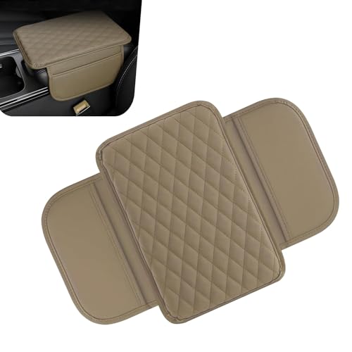 Car Center Console Cover, Leather Car Armrest Cover Cushion with 2 Storage Bags, Universal Auto Armrest Storage Box Interior Accessories for Most Vehicles(Beige) - color: Beige