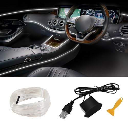 EL Wire Interior Car LED Strip Lights, 16.4FT RGB USB Neon Automotive Light Strip, Electroluminescent Vehicle Ambient Lighting Kit, Interior Decoration Car Accessories (White) - color: White, size: USB