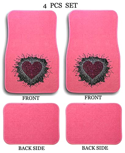 Universal Fit Front/Rear 4-Piece Full Set Sweet Heart Crystal Bling Rhinestone Design Studded Carpet Car SUV Truck Pink Floor Mats - 4 Pcs Set (Sweet Heart-Pink) - color: Sweet Heart-Pink