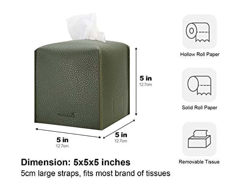 Tissue Box Cover 5X5X5'' PU Leather Tissue Holder Square Tissue Cube Box Organizer for Bathroom Vanity Countertop, Car, Night Stands, Office, Home, Kitchen (1Pack, Dark Green)