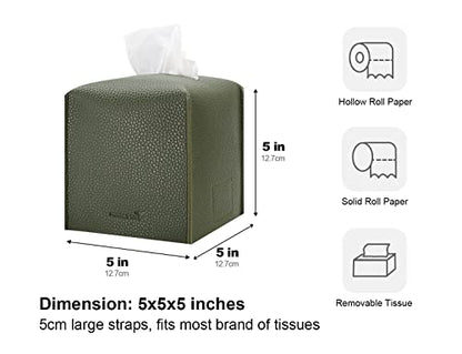 Tissue Box Cover 5X5X5'' PU Leather Tissue Holder Square Tissue Cube Box Organizer for Bathroom Vanity Countertop, Car, Night Stands, Office, Home, Kitchen (1Pack, Dark Green)